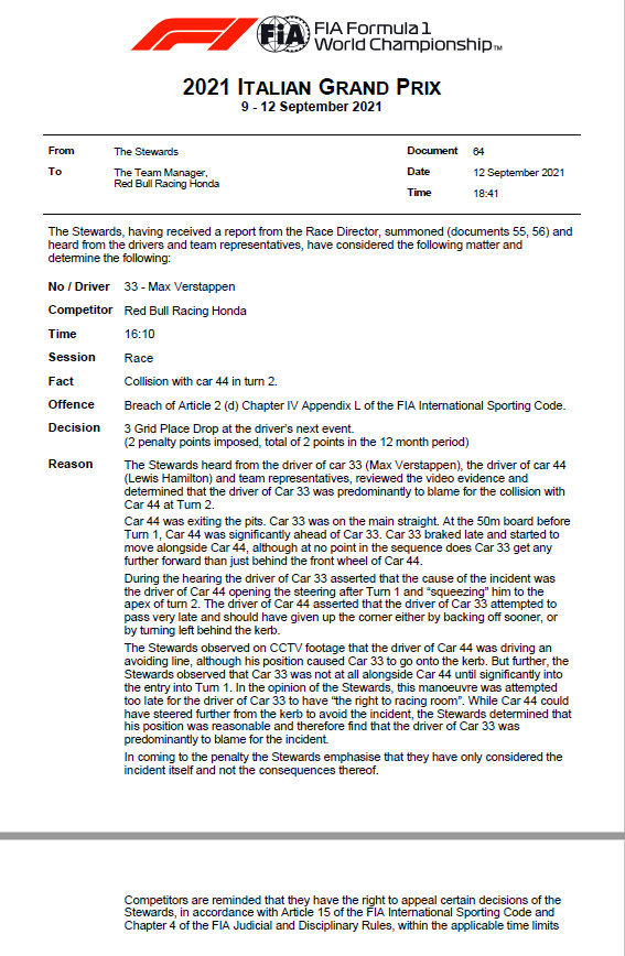 F1意大利站事故维斯塔潘负主责被罚：下一站退后3位驾照被扣分