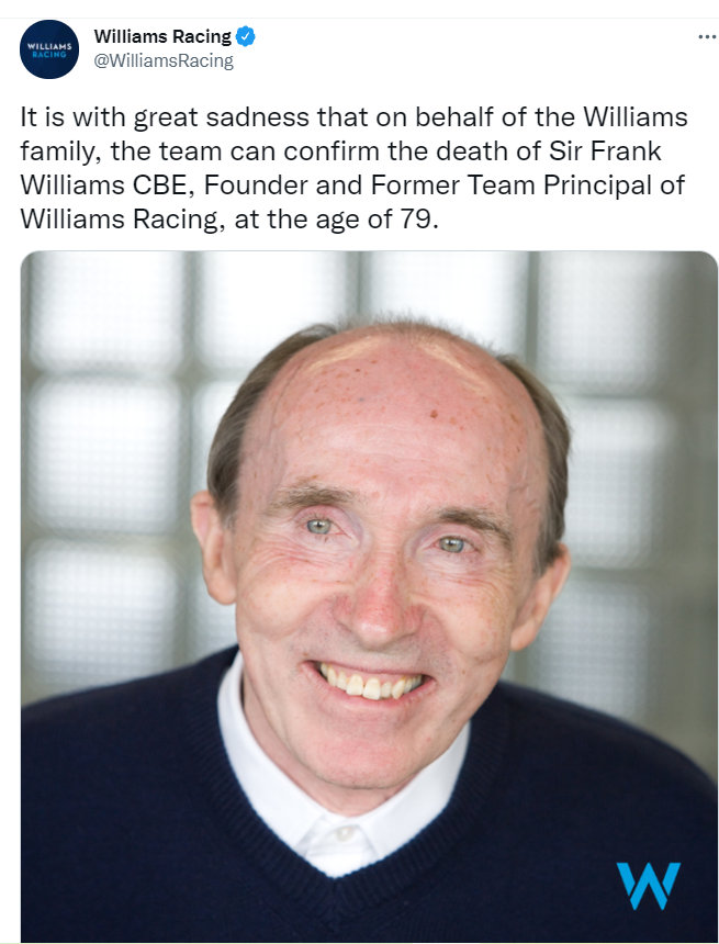 威廉姆斯车队创始人威廉姆斯爵士去世 享年79岁