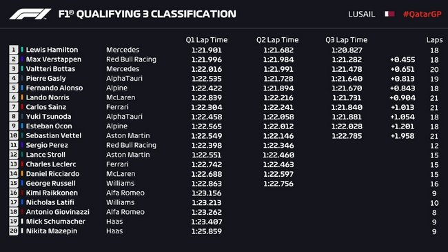 F1卡塔爾站排位賽成績表公布：漢密爾頓第一
