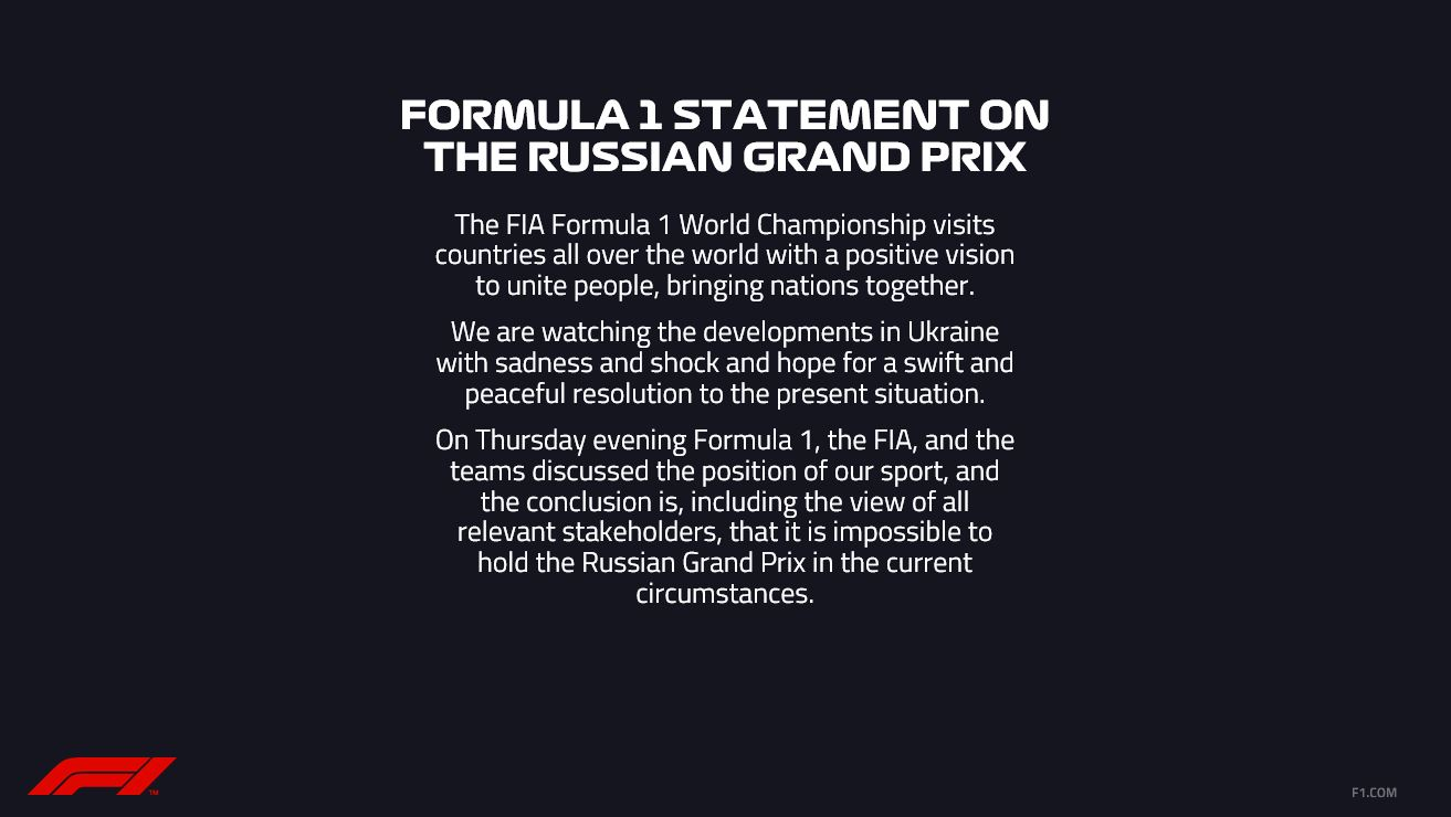 F1官宣:考虑到目前局势 取消2022赛季俄罗斯大奖赛