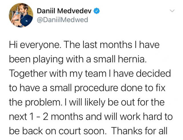 梅德维德夫宣布即将手术，能否出战法网未知